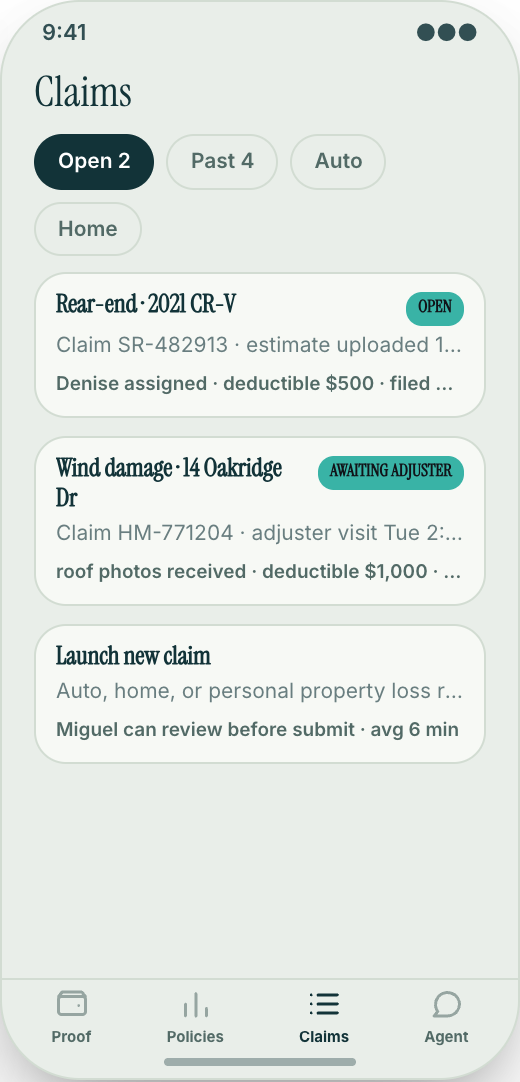 Insurance Agency prototype showing Claims