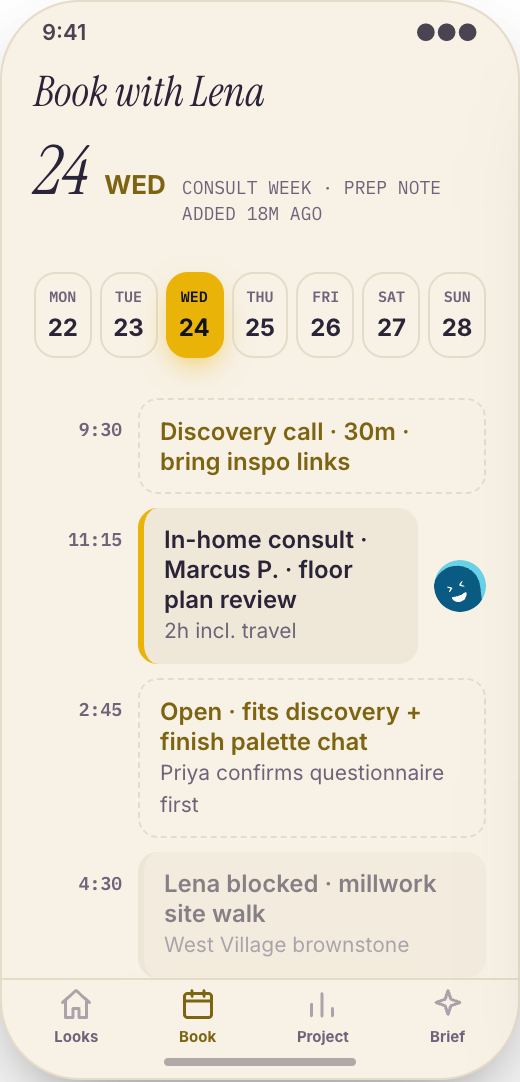 Interior Design Studio prototype showing Consult Calendar