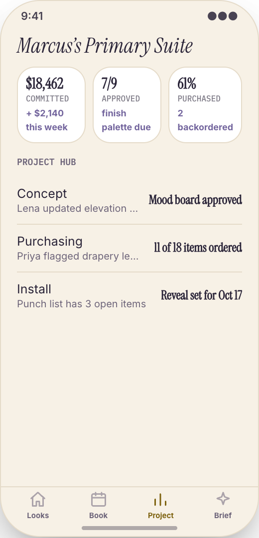 Interior Design Studio prototype showing Room Brief Upload