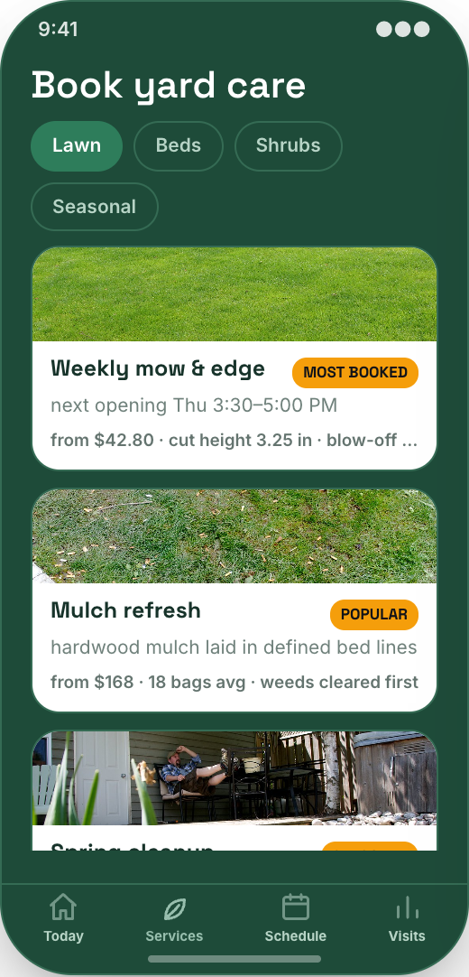 Landscaping Company prototype showing Service menu for real yard work