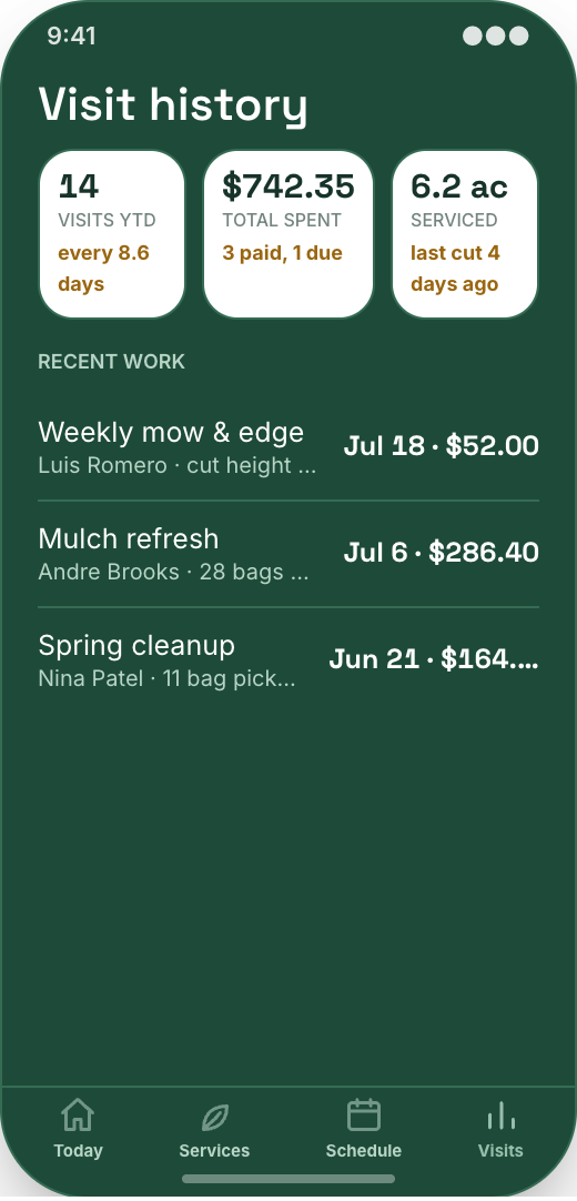Landscaping Company prototype screen showing Recurring mowing cadence