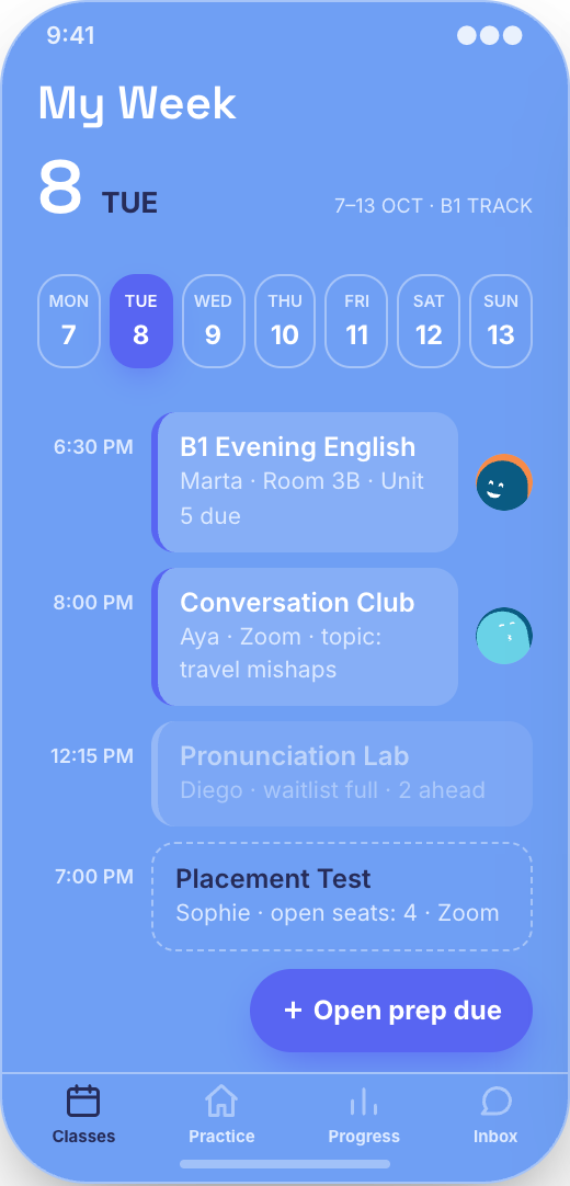 Language School prototype showing My Week class view