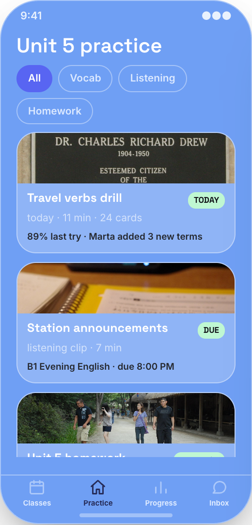 Language School prototype showing Prep due before class