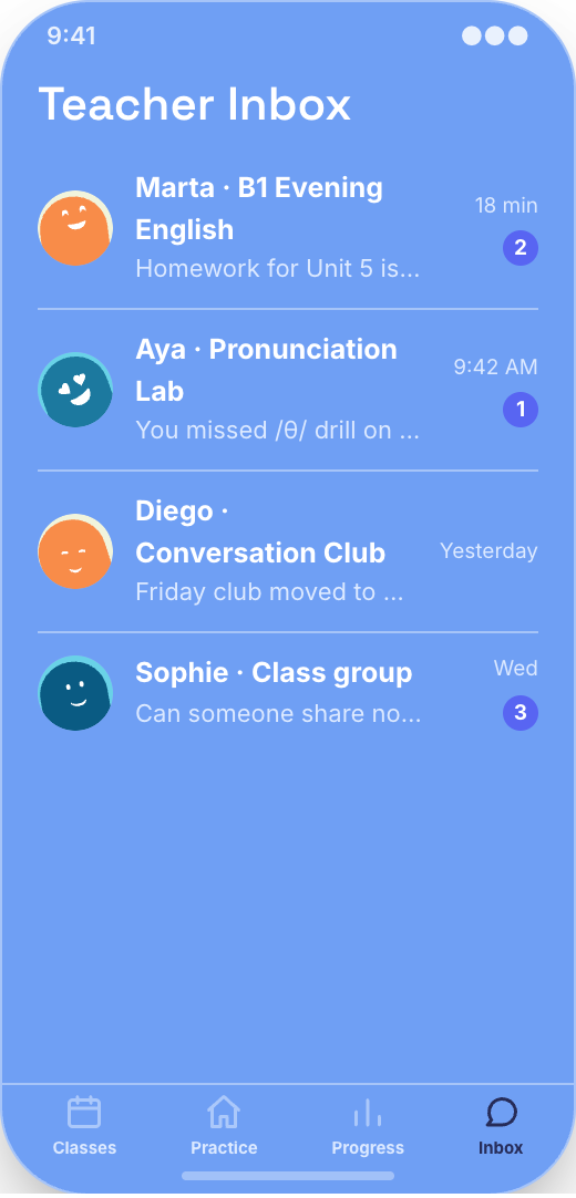 Language School prototype screen showing CEFR level progress