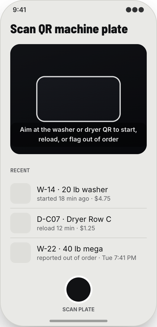Laundromat prototype showing Scan to start