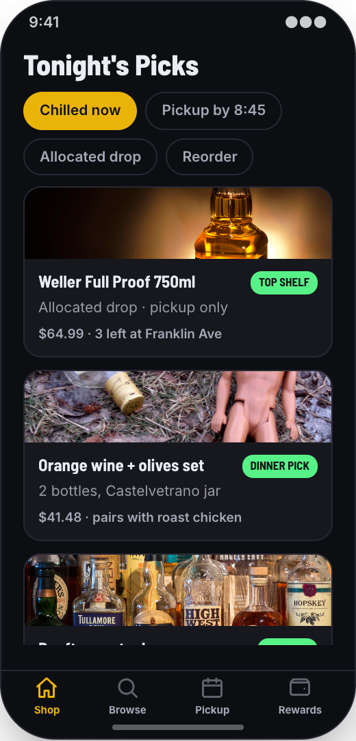 Liquor Store & Bottle Shop prototype showing Tonight's Picks