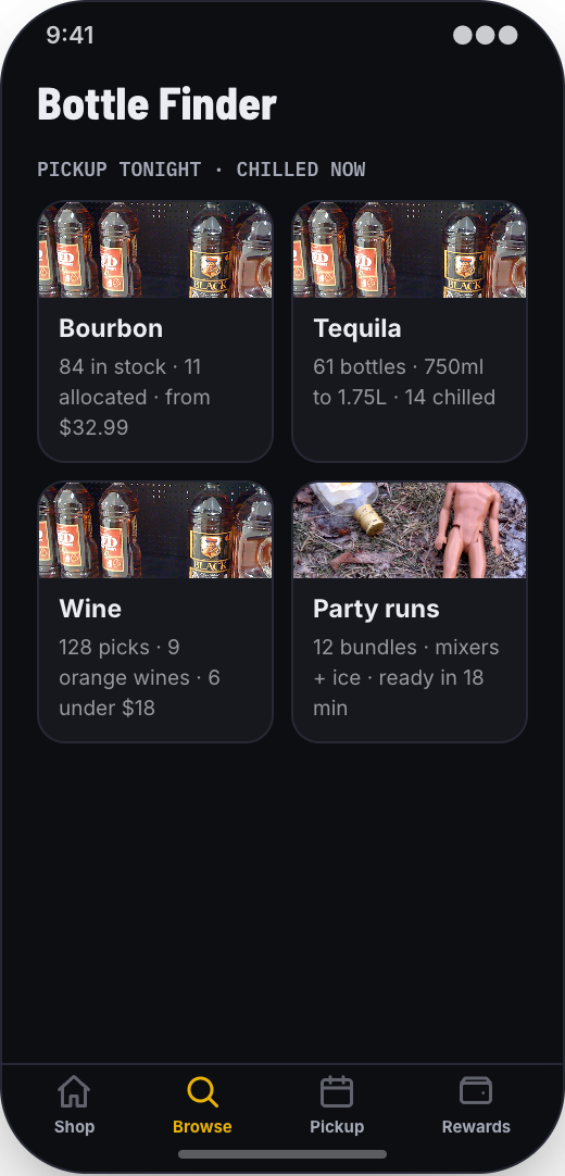Liquor Store & Bottle Shop prototype showing Bottle Finder