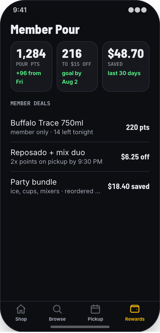 Liquor Store & Bottle Shop prototype screen showing Pickup Slots