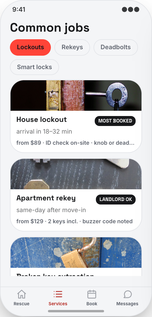 Locksmith & Rekey Service prototype showing Job Request details