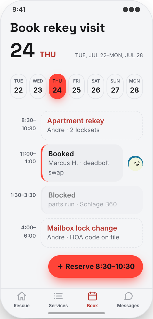Locksmith & Rekey Service prototype showing Services menu