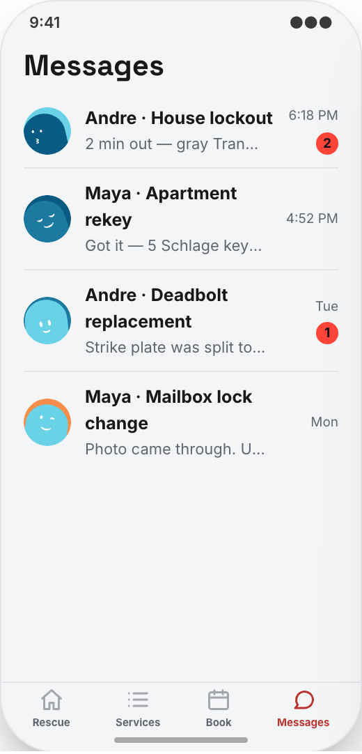 Locksmith & Rekey Service prototype screen showing Book Time for non-urgent work