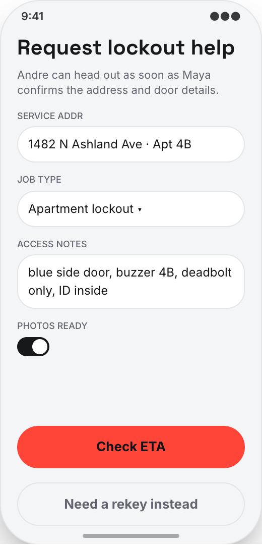 Locksmith & Rekey Service prototype screen showing Messages during the job