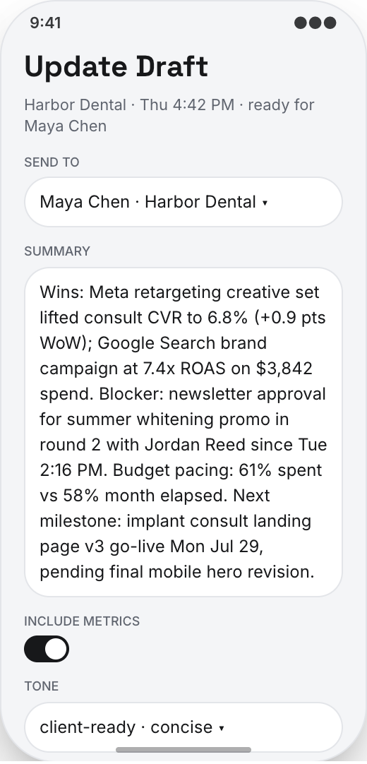 Marketing Agency prototype screen showing Deliverable status by client