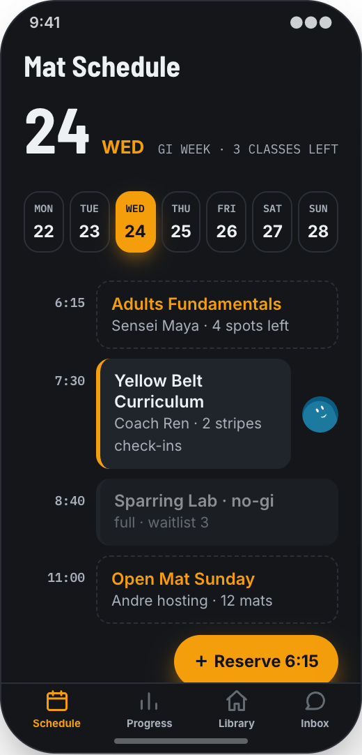 Martial Arts Dojo prototype showing Mat Schedule