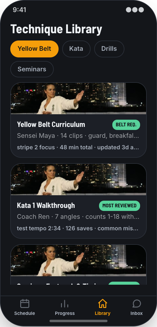 Martial Arts Dojo prototype showing Open mat sessions