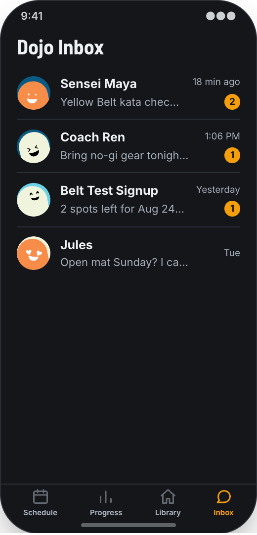 Martial Arts Dojo prototype screen showing Belt Progress