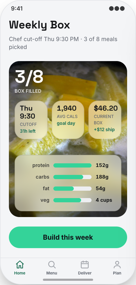 Meal Prep Service prototype showing Weekly Box