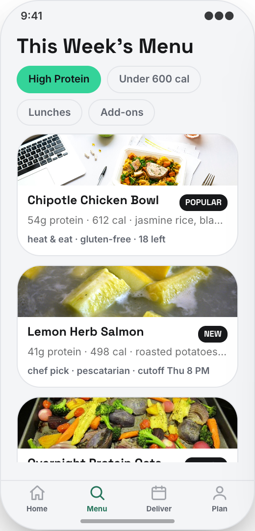 Meal Prep Service prototype showing This Week's Menu