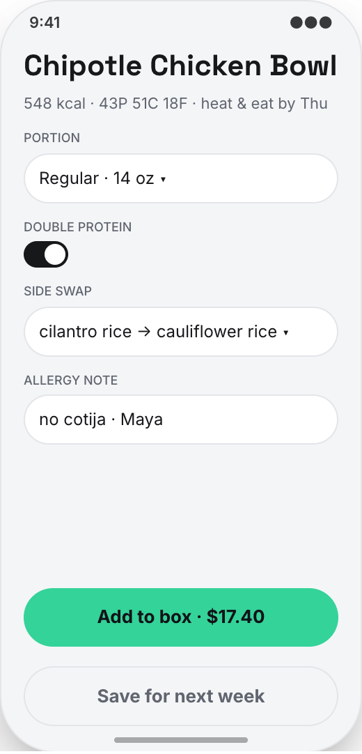Meal Prep Service prototype screen showing Delivery Planner