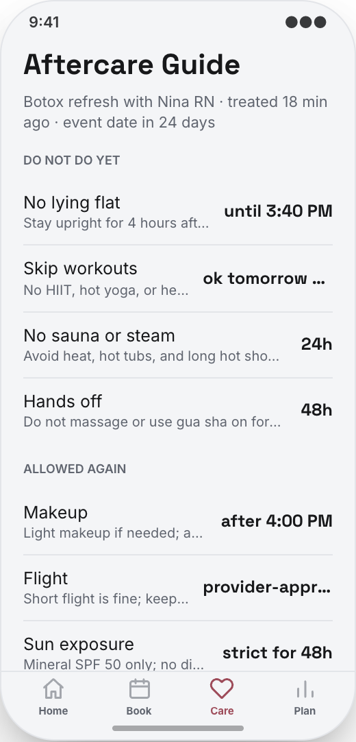 Medical Spa prototype showing My Treatment Plan