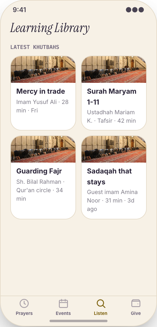 Mosque & Masjid prototype showing Community Events