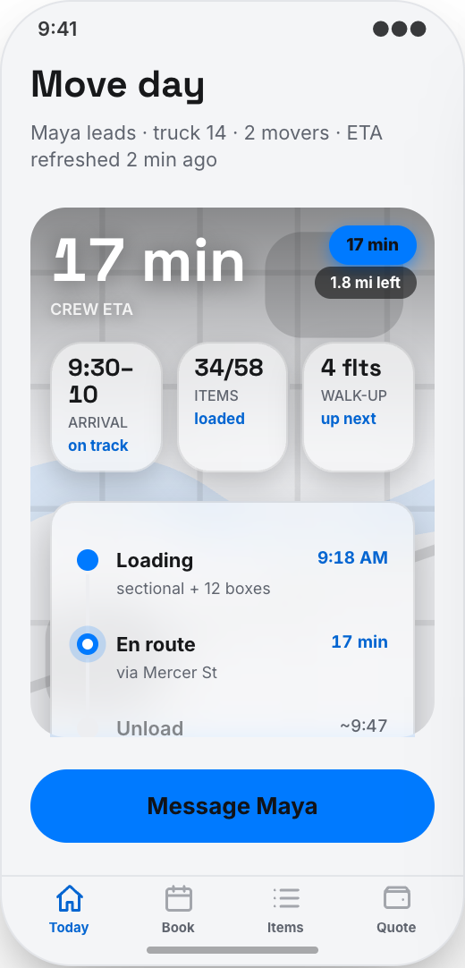 Moving Company prototype showing Book Your Move