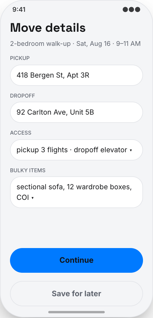 Moving Company prototype showing Clear moving estimate