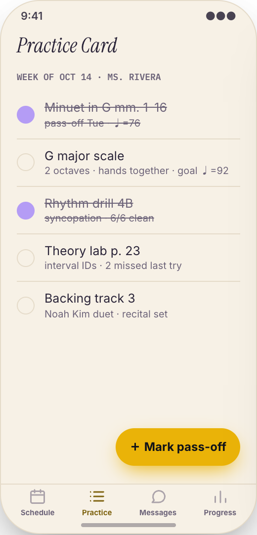 Music School & Lesson Studio prototype showing Practice Card