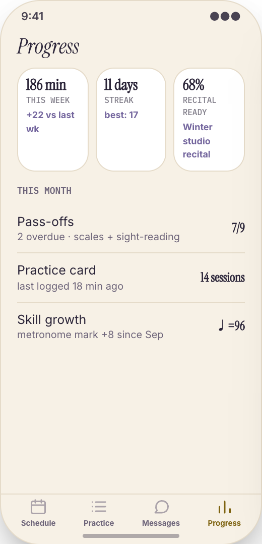 Music School & Lesson Studio prototype screen showing Teacher and front desk messages