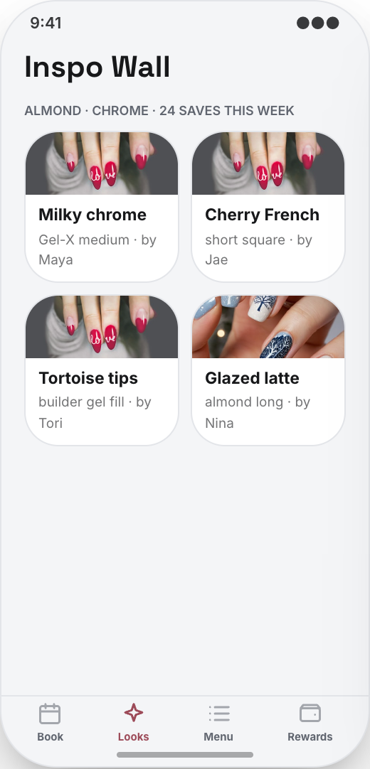 Nail Studio prototype showing Service menu with add-ons