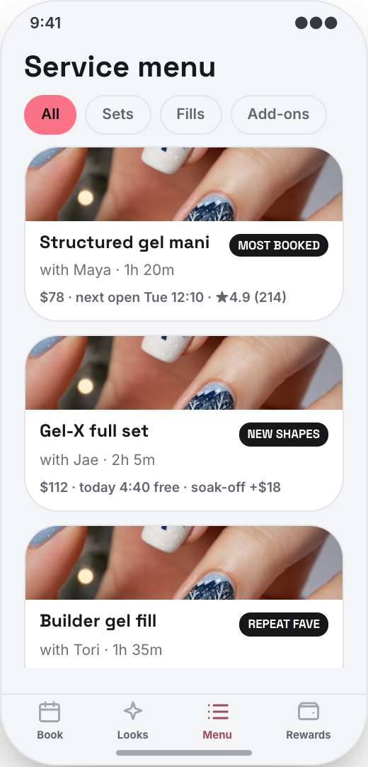 Nail Studio prototype showing Inspo Wall