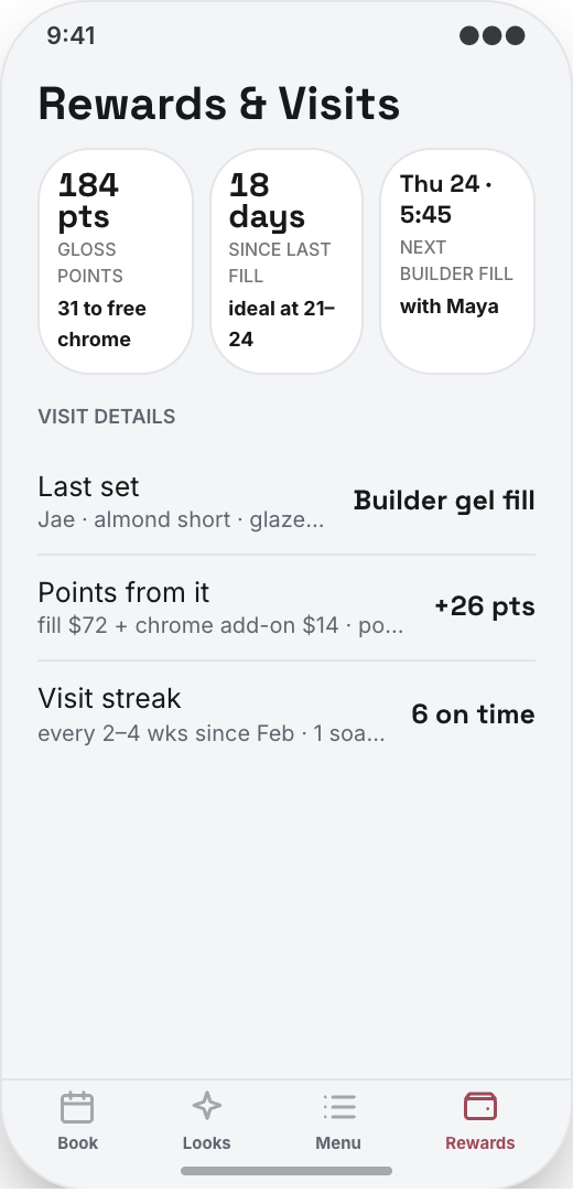 Nail Studio prototype screen showing Fill timing reminders