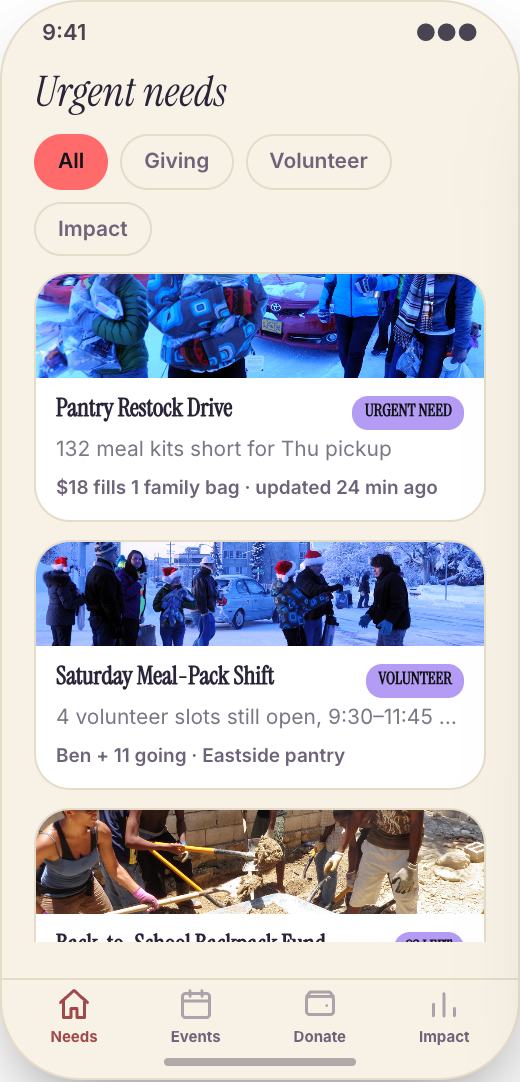 Nonprofit & Volunteer Organization prototype showing Urgent Needs