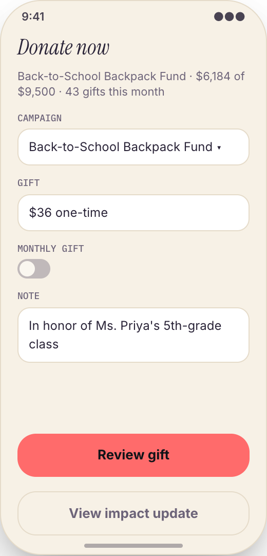 Nonprofit & Volunteer Organization prototype showing Donate Now