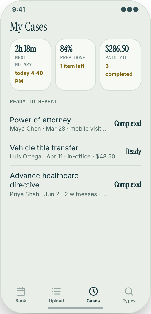 Notary Service prototype showing Prepare Packet