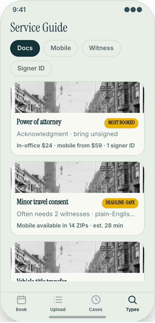 Notary Service prototype screen showing Witness requirements