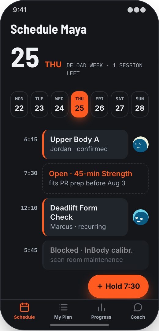 Personal Trainer prototype showing Session schedule