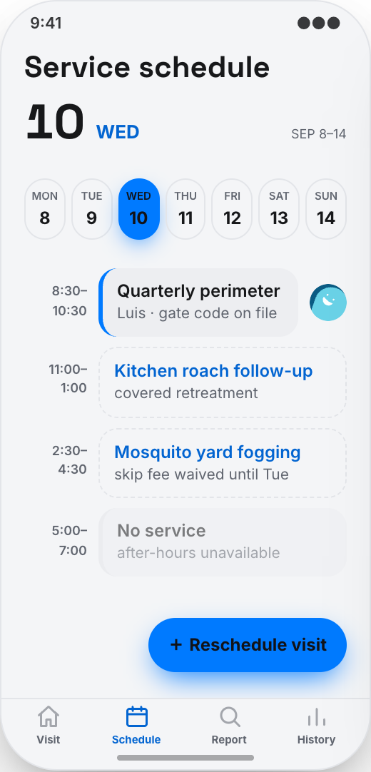 Pest Control Company prototype showing Technician ETA