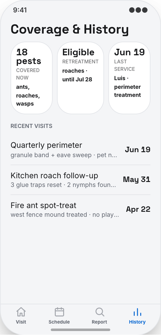 Pest Control Company prototype screen showing Reschedule or skip a visit