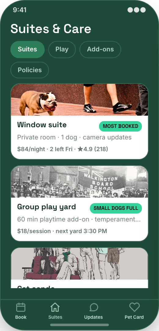 Pet Boarding & Kennel prototype showing Suites & Care
