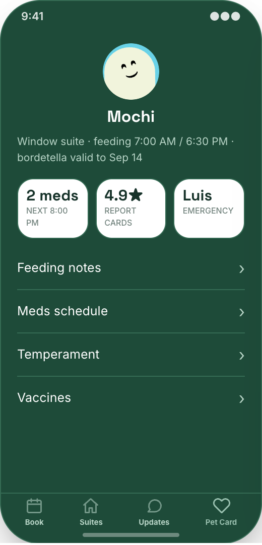 Pet Boarding & Kennel prototype screen showing Vaccine readiness