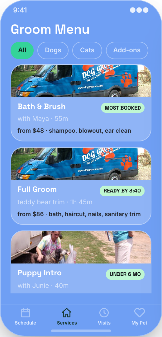 Pet Grooming Salon prototype showing Groom Menu