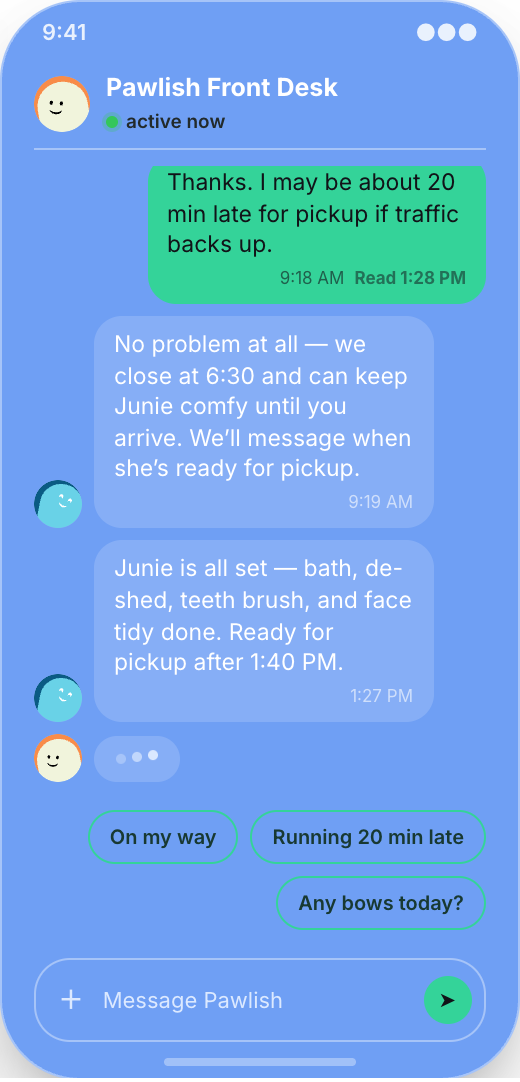 Pet Grooming Salon prototype screen showing Pickup-ready messages