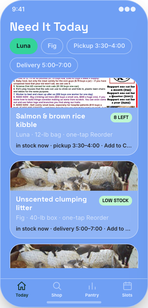 Pet Store & Same-Day Pet Essentials prototype showing Need It Today shelf