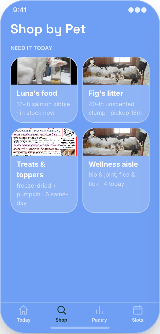 Pet Store & Same-Day Pet Essentials prototype showing One-tap repeat orders