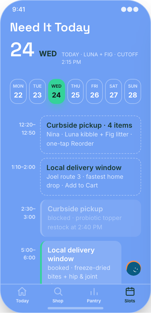 Pet Store & Same-Day Pet Essentials prototype screen showing Luna & Fig profiles