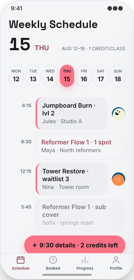 Pilates Studio prototype showing Weekly reformer schedule