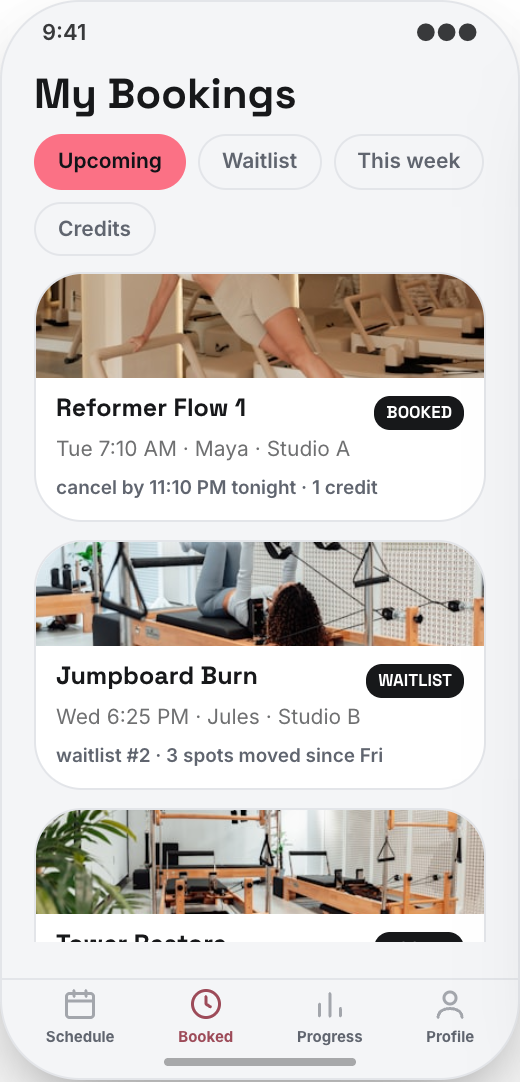 Pilates Studio prototype showing Class details before booking