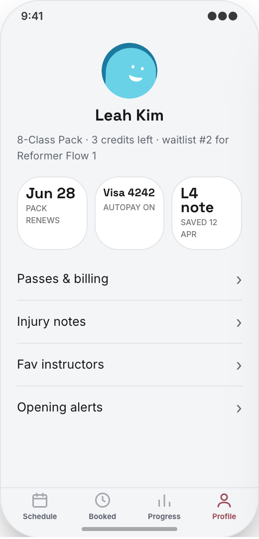 Pilates Studio prototype screen showing Waitlist for full classes