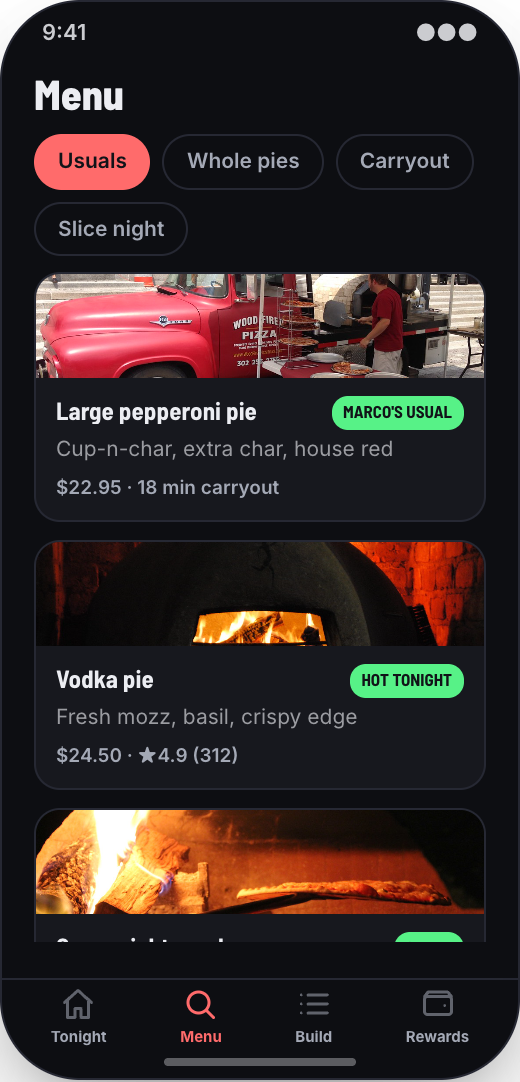 Pizzeria prototype showing Full pizza menu